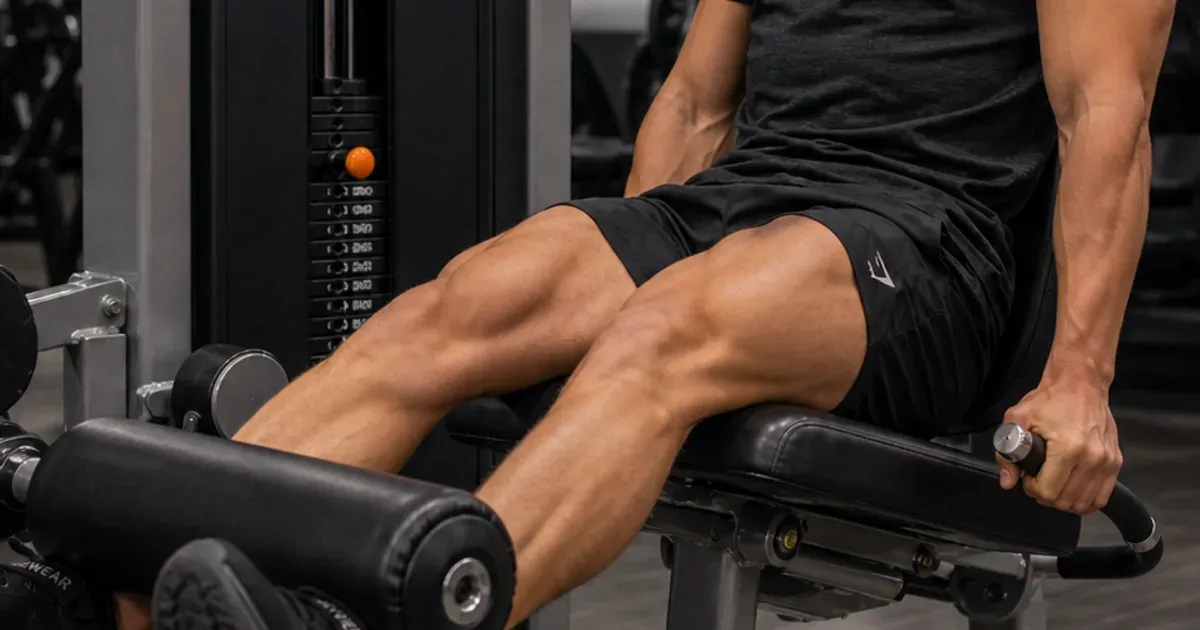 Pratiquant assis sur une machine de leg extension, jambes tendues